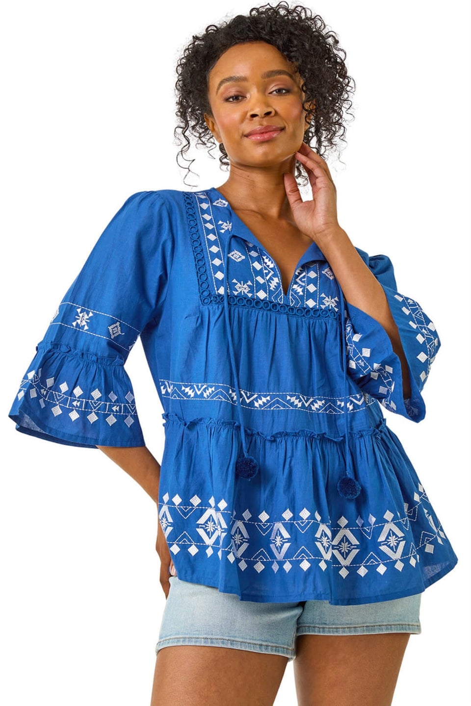 Roman Blue Petite Contrast Print Pom Pom Top