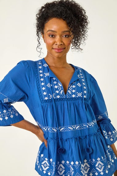 Roman Blue Petite Contrast Print Pom Pom Top