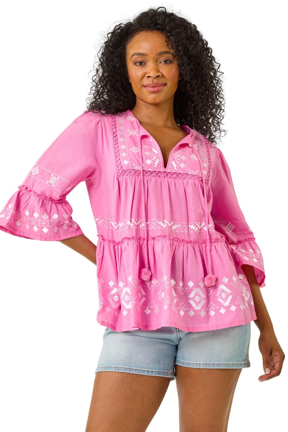 Roman Pink Petite Contrast Print Pom Pom Top