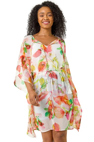 Roman White Petite Abstract Print Tie Cover Up