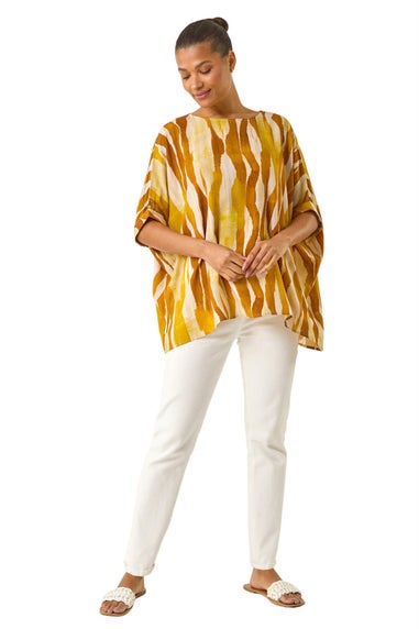 Roman Orange Abstract Print Buttoned Tunic Top