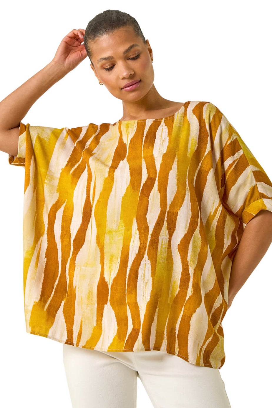 Roman Orange Abstract Print Buttoned Tunic Top