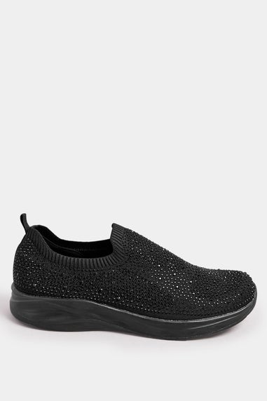 Yours Black Diamante Knitted Slip On Trainers In Extra Wide EEE Fit