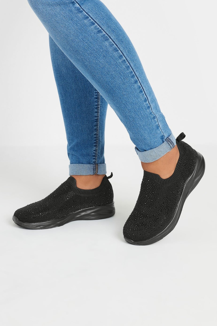 Yours Black Diamante Knitted Slip On Trainers In Extra Wide EEE Fit