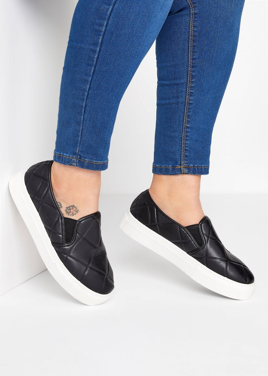 Yours Black Quilted Slip-On Trainers In Extra Wide Fit