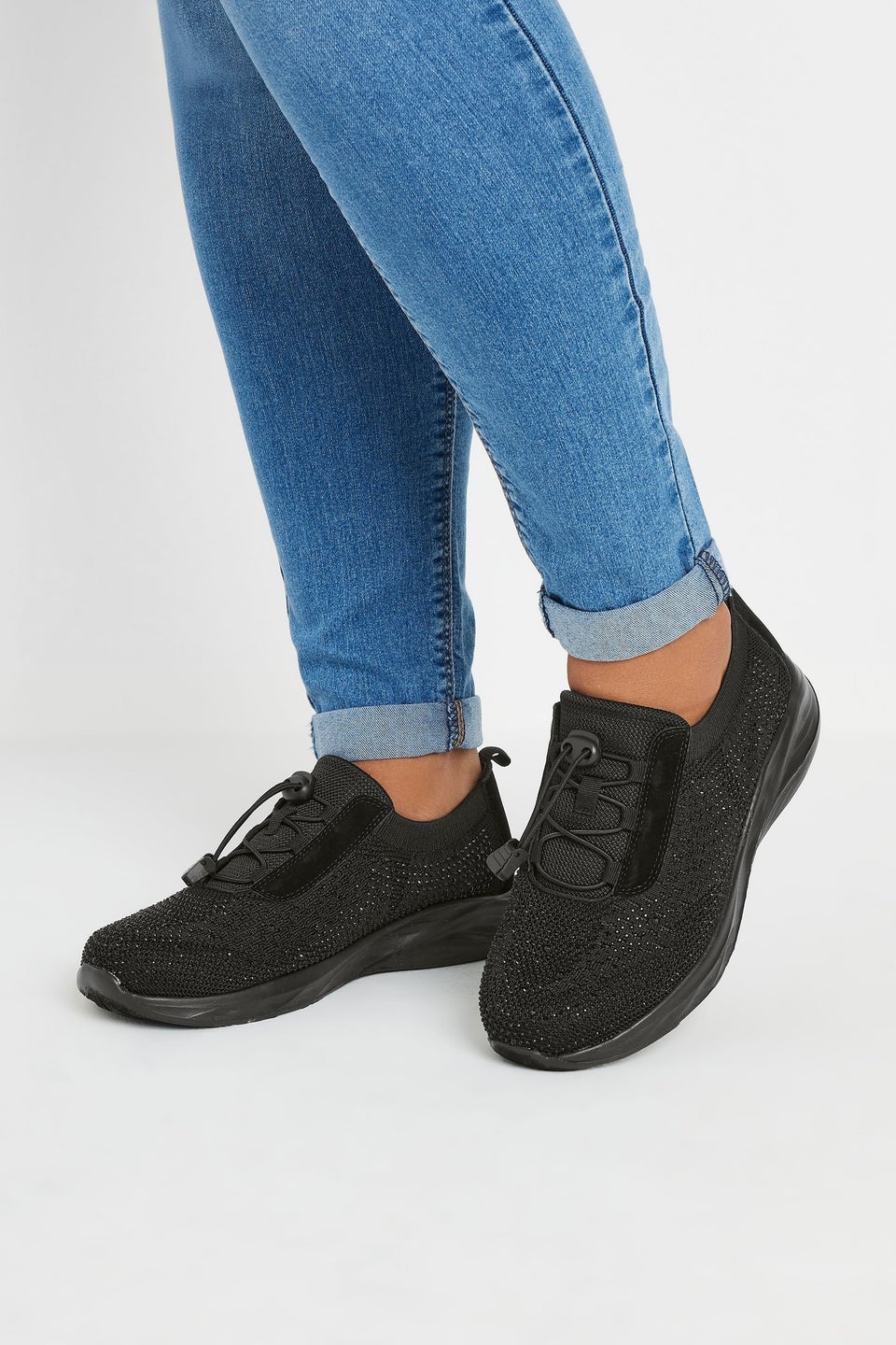 Yours Black Diamante Drawcord Trainers In Extra Wide EEE Fit