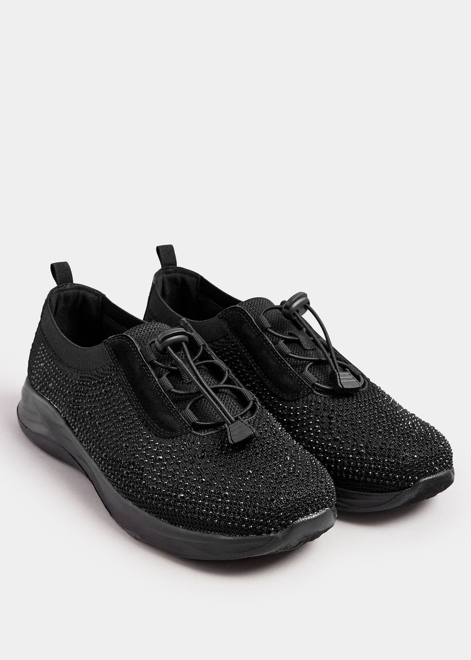 Yours Black Diamante Drawcord Trainers In Extra Wide EEE Fit