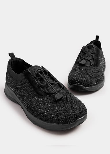 Yours Black Diamante Drawcord Trainers In Extra Wide EEE Fit