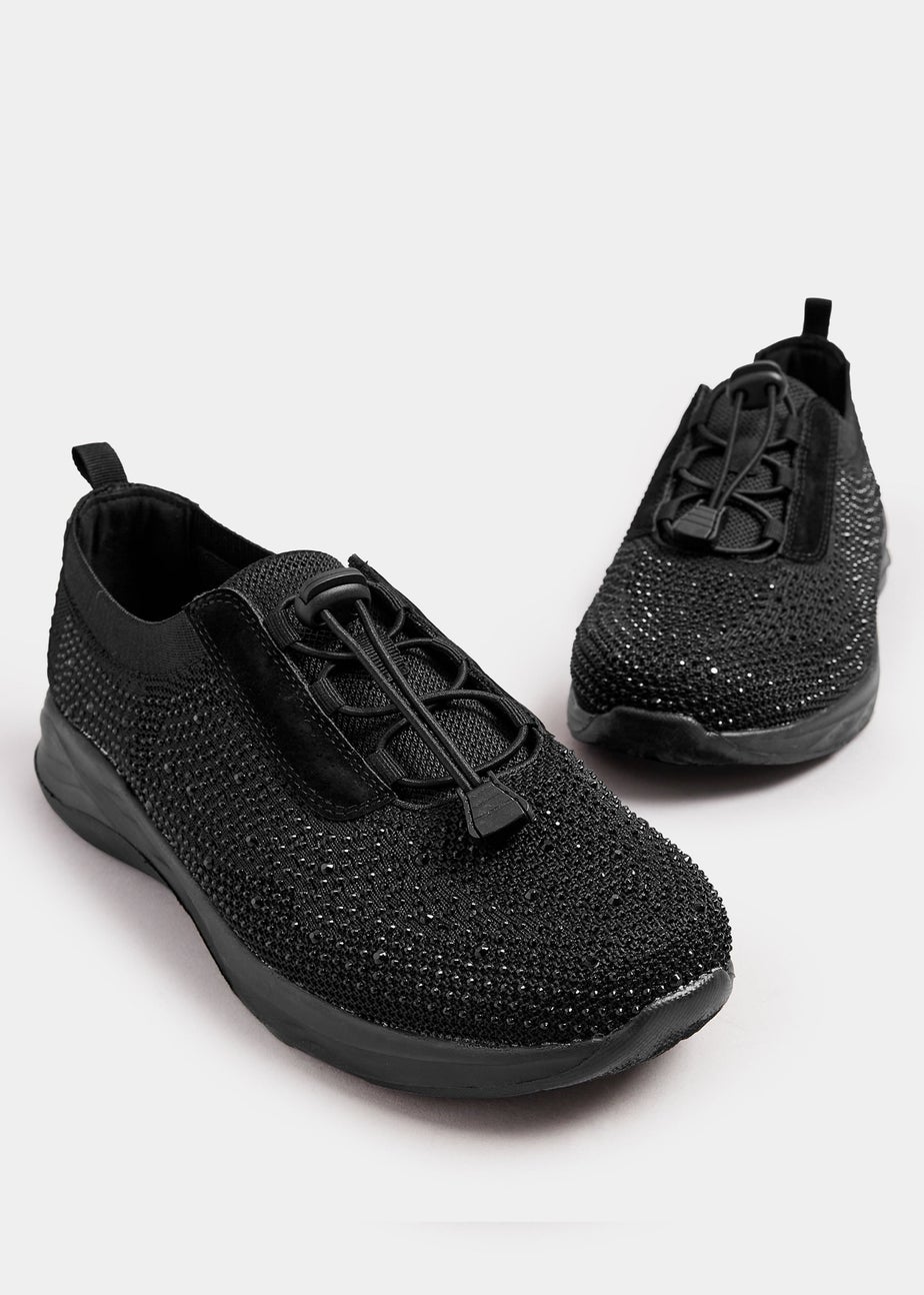 Yours Black Diamante Drawcord Trainers In Extra Wide EEE Fit