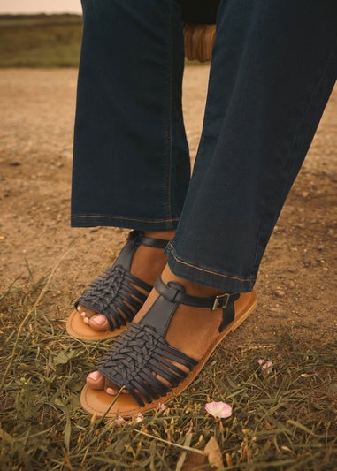 Yours Black Leather Woven Fisherman Sandals In Extra Wide EEE Fit