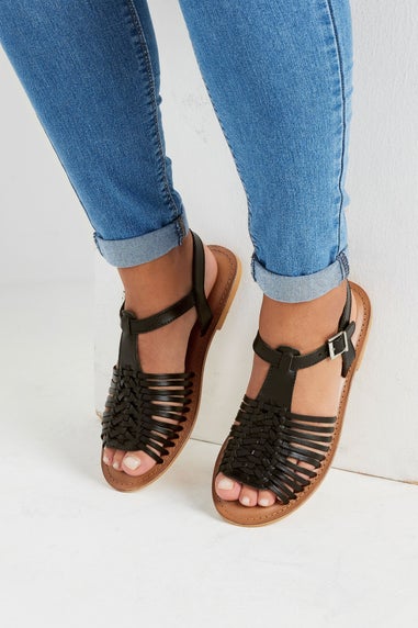 Yours Black Leather Woven Fisherman Sandals In Extra Wide EEE Fit