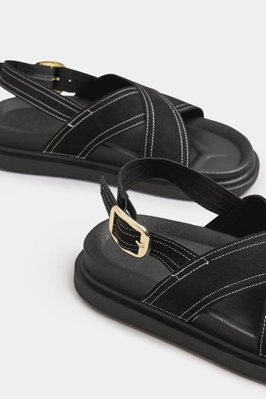 Yours Black Contrast Stitch Cross Strap Sandals In Extra Wide EEE Fit