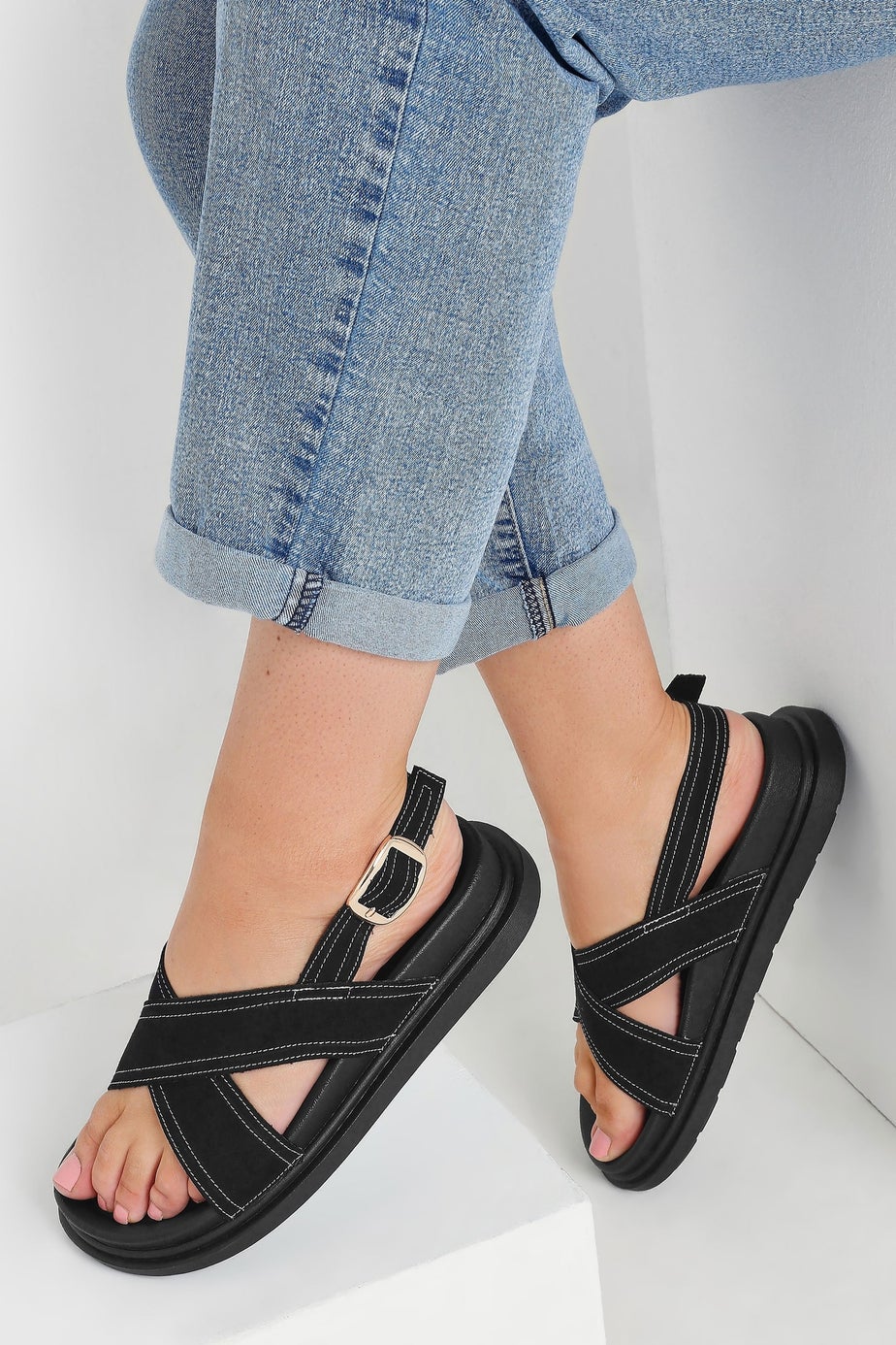 Yours Black Contrast Stitch Cross Strap Sandals In Extra Wide EEE Fit