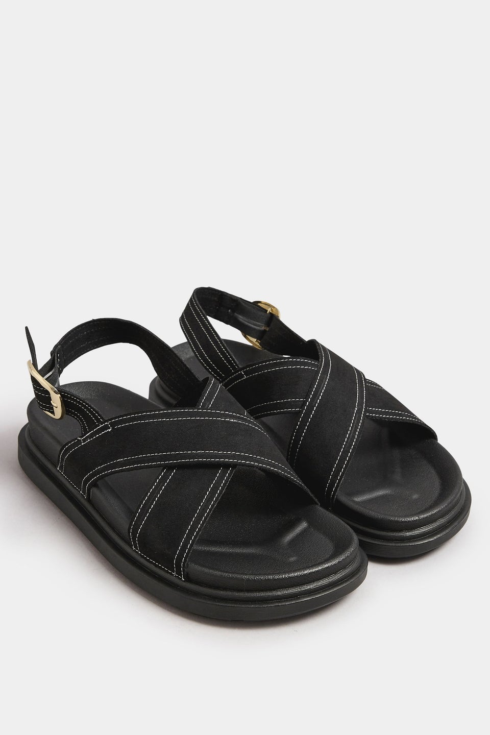 Yours Black Contrast Stitch Cross Strap Sandals In Extra Wide EEE Fit