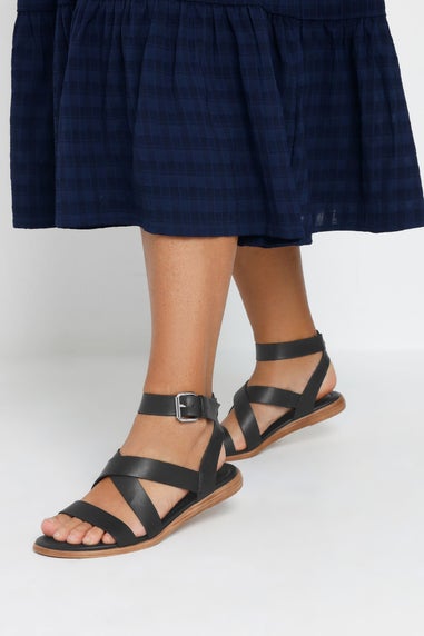 Yours Black Cross Over Strappy Sandals In Extra Wide EEE Fit