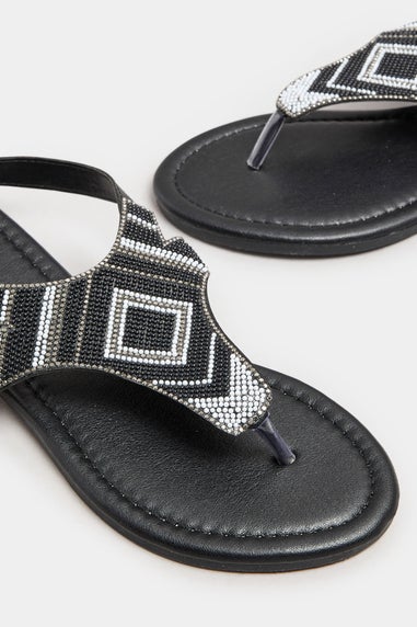 Yours Black Embellished T-Bar Sandals In Wide E Fit