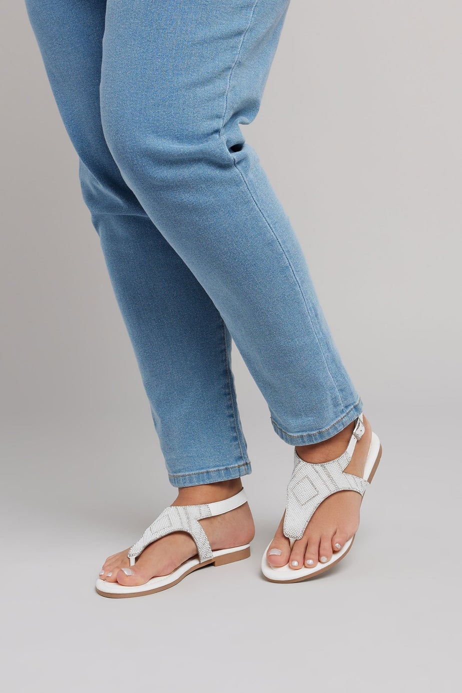 Yours White Embellished T-Bar Sandals In Wide E Fit