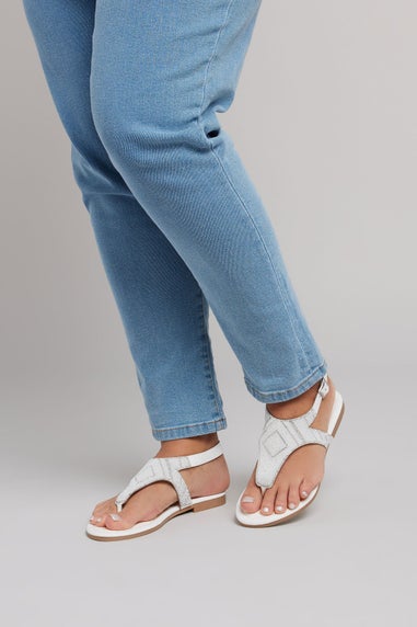 Yours White Embellished T-Bar Sandals In Wide E Fit