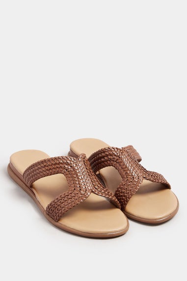 Brown Leather Woven Wedge Mule Sandals In Extra Wide EEE Fit