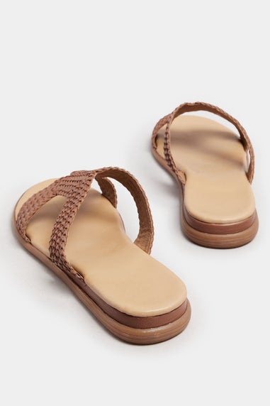 Brown Leather Woven Wedge Mule Sandals In Extra Wide EEE Fit