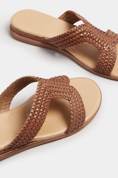 Brown Leather Woven Wedge Mule Sandals In Extra Wide EEE Fit