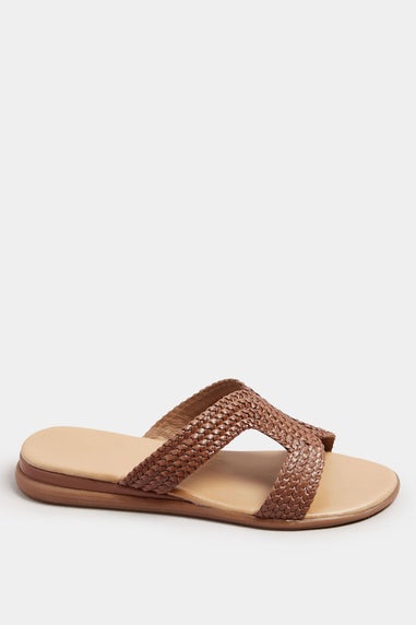 Brown Leather Woven Wedge Mule Sandals In Extra Wide EEE Fit