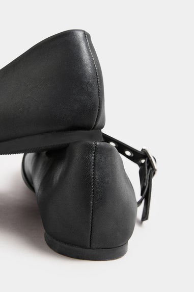 Yours Black Buckle Detail Mary Jane Rivet Flats In Extra Wide Fit