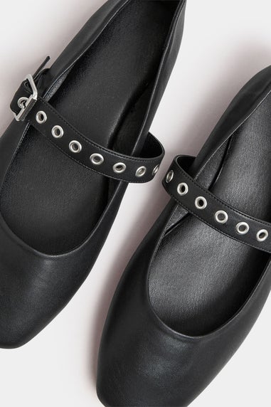 Yours Black Buckle Detail Mary Jane Rivet Flats In Extra Wide Fit