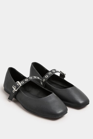 Yours Black Buckle Detail Mary Jane Rivet Flats In Extra Wide Fit