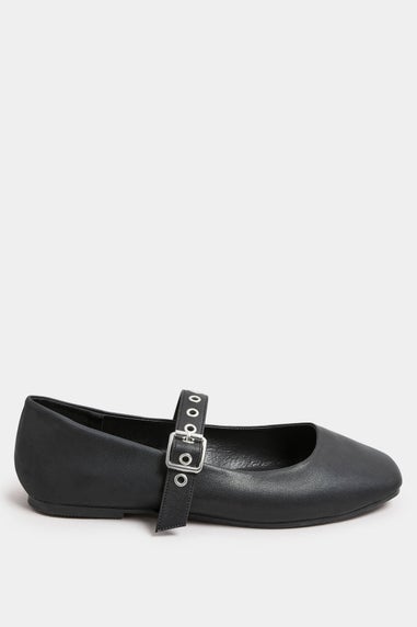 Yours Black Buckle Detail Mary Jane Rivet Flats In Extra Wide Fit