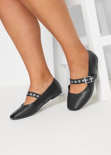Yours Black Buckle Detail Mary Jane Rivet Flats In Extra Wide Fit