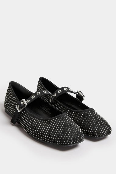 Yours Black Diamante Mary Jane Ballerina Pumps In Extra Wide EEE Fit