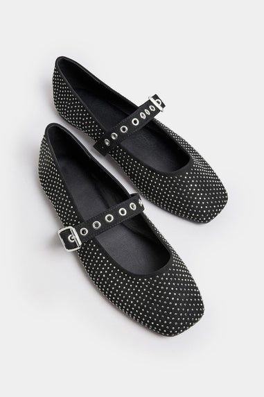 Yours Black Diamante Mary Jane Ballerina Pumps In Extra Wide EEE Fit