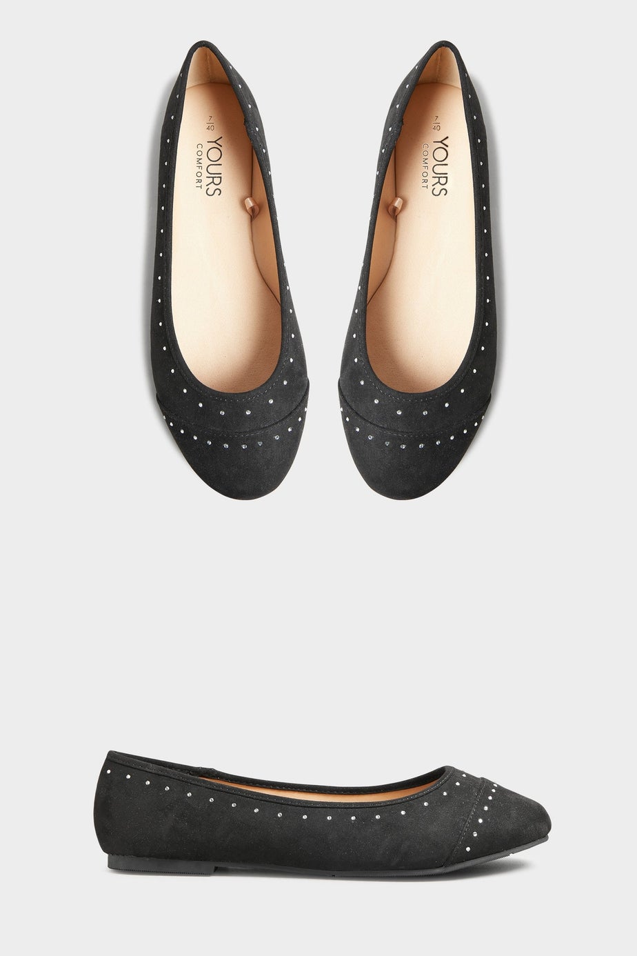 Yours Black Faux Suede Diamante Ballerina Pumps In Wide E Fit