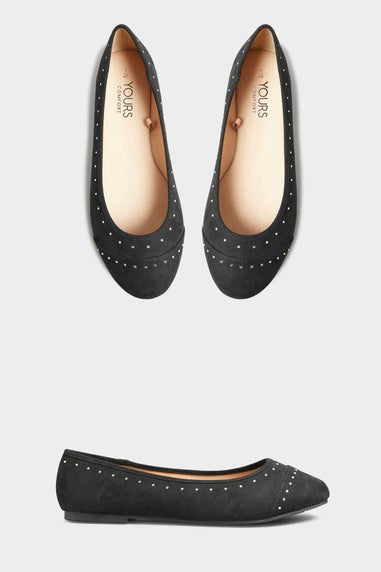 Yours Black Faux Suede Diamante Ballerina Pumps In Wide E Fit