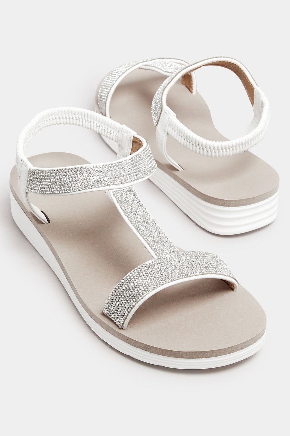Yours White Diamante Strap T-Bar Sandals In Wide E Fit