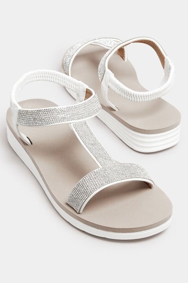 Yours White Diamante Strap T-Bar Sandals In Wide E Fit