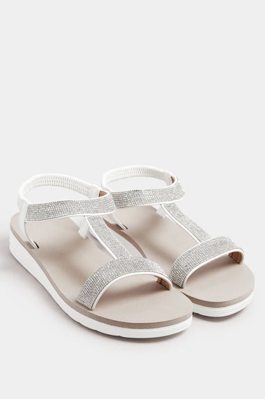 Yours White Diamante Strap T-Bar Sandals In Wide E Fit