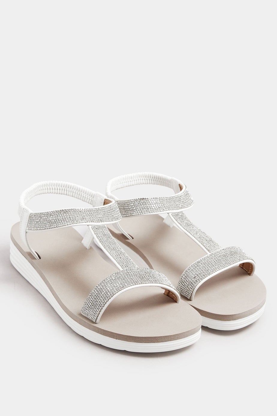 Yours White Diamante Strap T-Bar Sandals In Wide E Fit