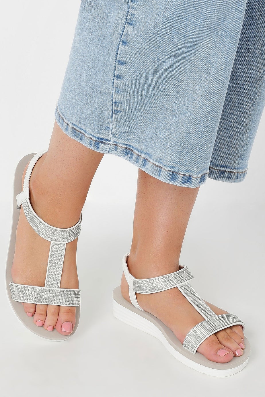 Yours White Diamante Strap T-Bar Sandals In Wide E Fit
