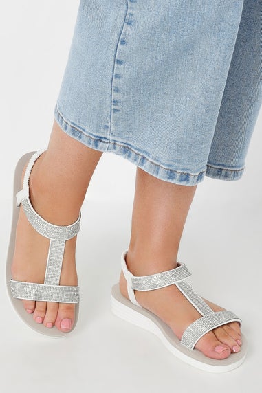 Yours White Diamante Strap T-Bar Sandals In Wide E Fit