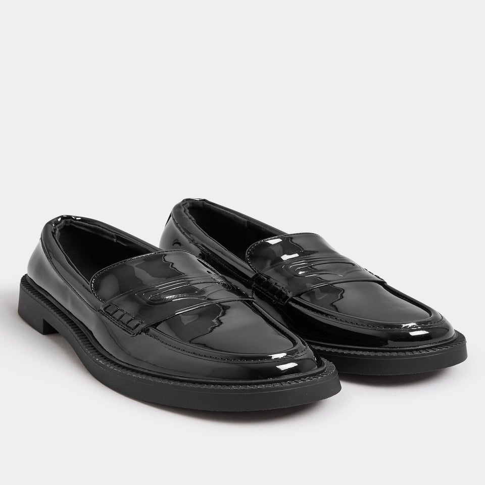 Yours Black Patent Chunky Slip On Loafers In Wide E Fit