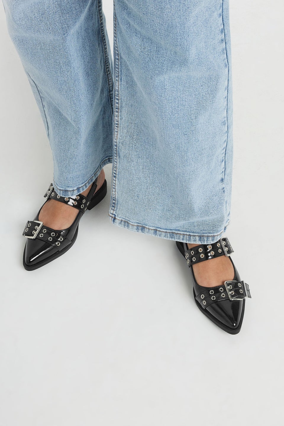 Yours Black Buckle Detail Pointed Slingback Flats In Wide E Fit