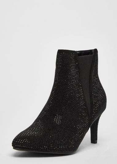 Quiz Black Wide Fit Diamante Ankle Boots