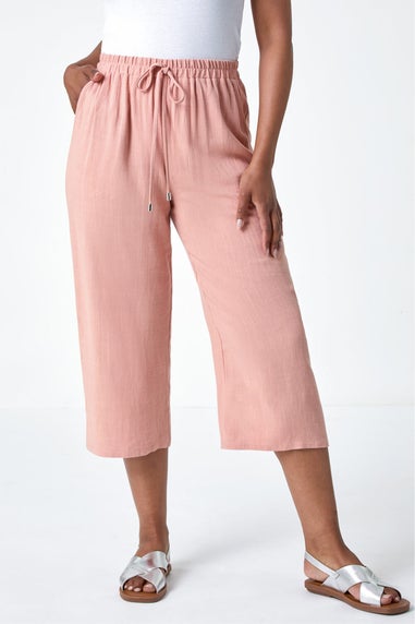 Roman Pink Petite Linen Mix Wide Cropped Trousers