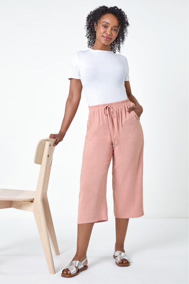 Roman Pink Petite Linen Mix Wide Cropped Trousers