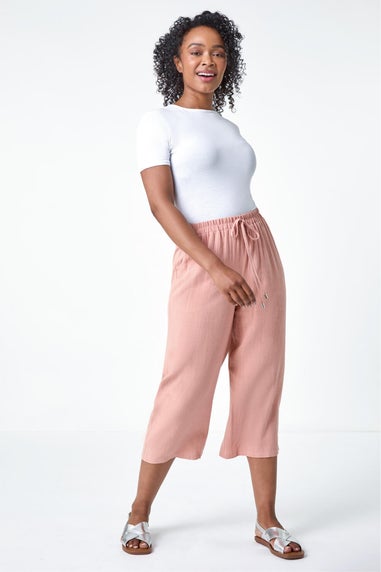 Roman Pink Petite Linen Mix Wide Cropped Trousers