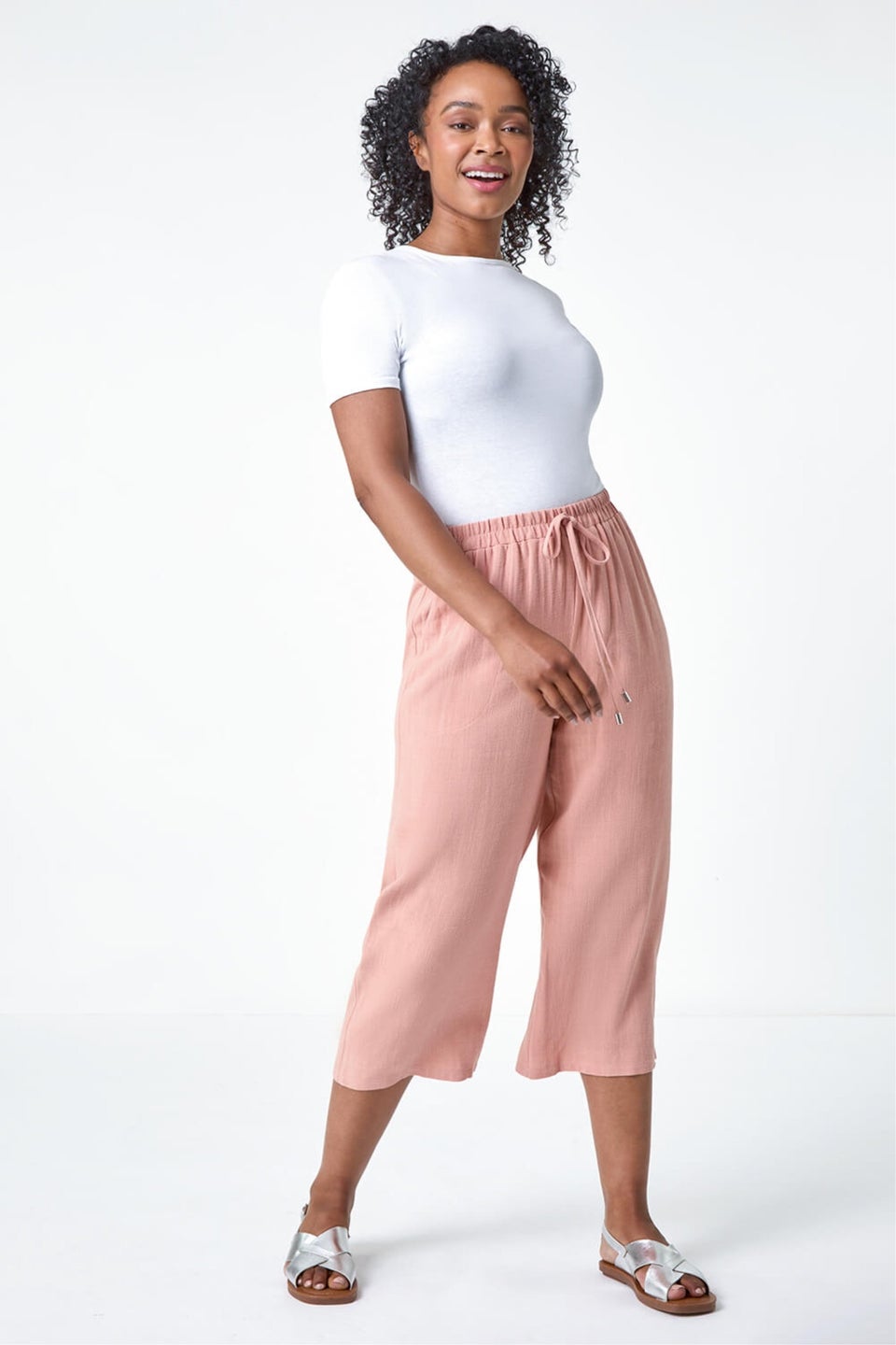 Roman Pink Petite Linen Mix Wide Cropped Trousers