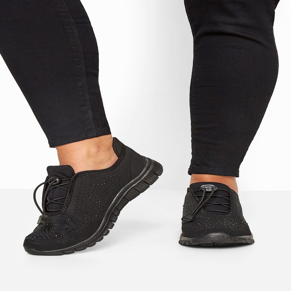 Yours Black Embellished Drawcord Trainers In Wide E Fit