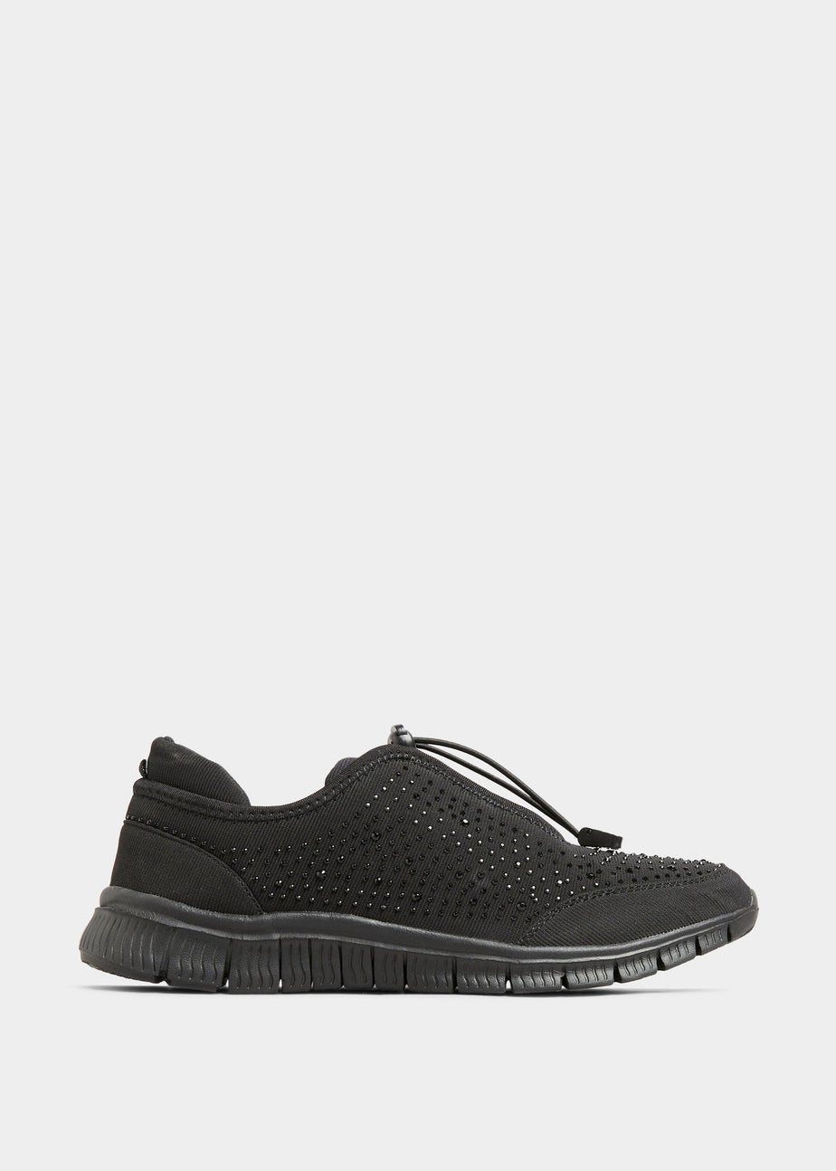 Yours Black Embellished Drawcord Trainers In Wide E Fit